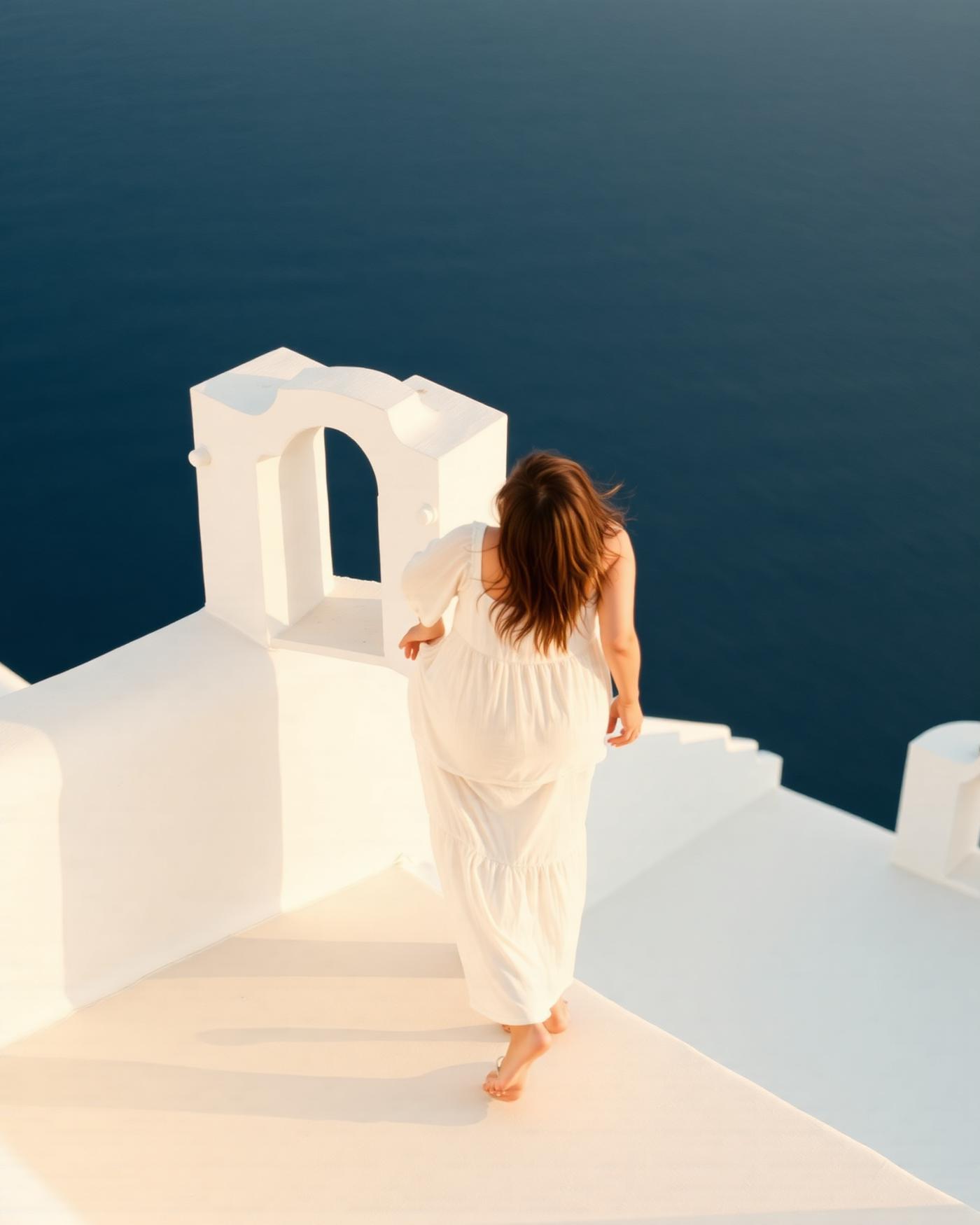 Traveller on a whitewashed terrace above the Aegean sea